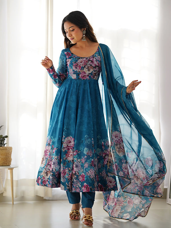 Blue Flower Printed Anarkali Kurti With Pant & Dupatta Set