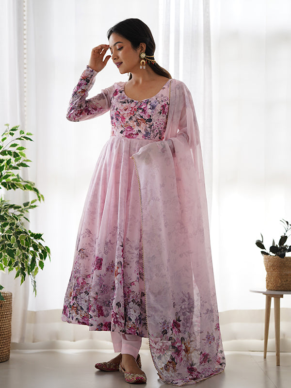 Pink Flower Printed Anarkali Kurti With Pant & Dupatta Set