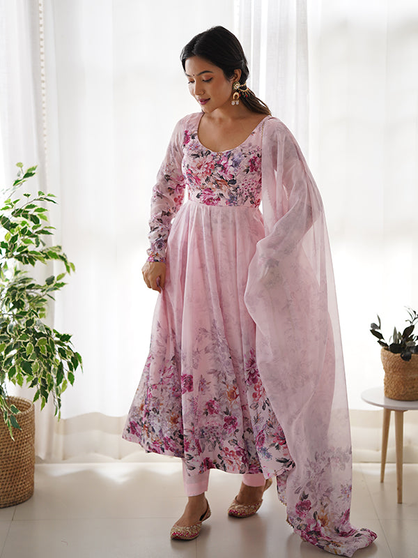 Pink Flower Printed Anarkali Kurti With Pant & Dupatta Set