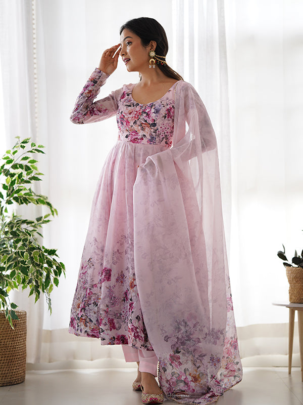 Pink Flower Printed Anarkali Kurti With Pant & Dupatta Set