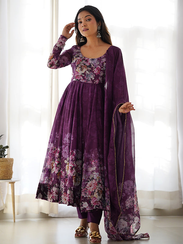 Wine Flower Printed Anarkali Kurti With Pant & Dupatta Set