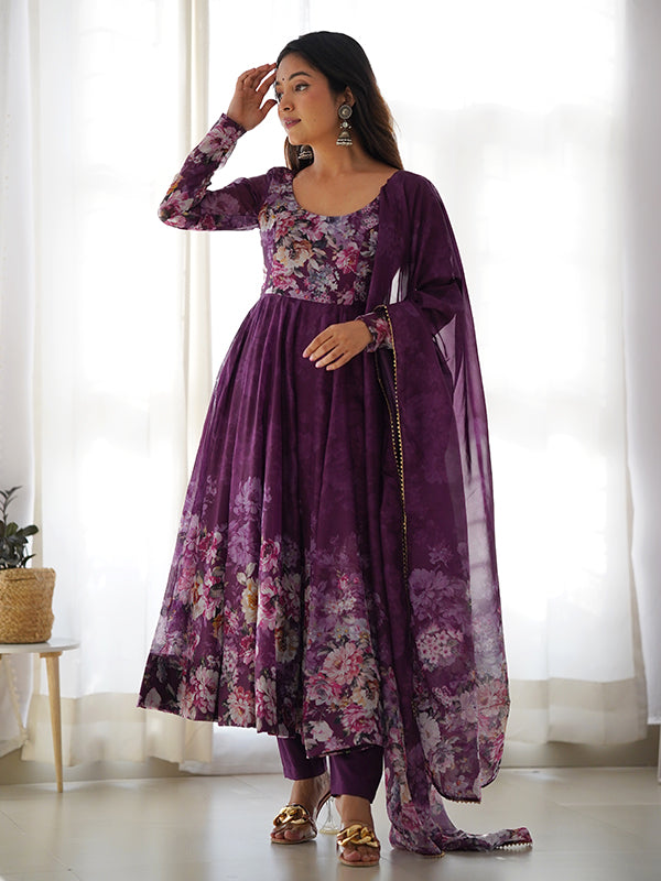 Wine Flower Printed Anarkali Kurti With Pant & Dupatta Set