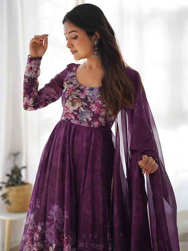 Wine Flower Printed Anarkali Kurti With Pant & Dupatta Set