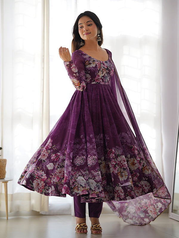 Wine Flower Printed Anarkali Kurti With Pant & Dupatta Set