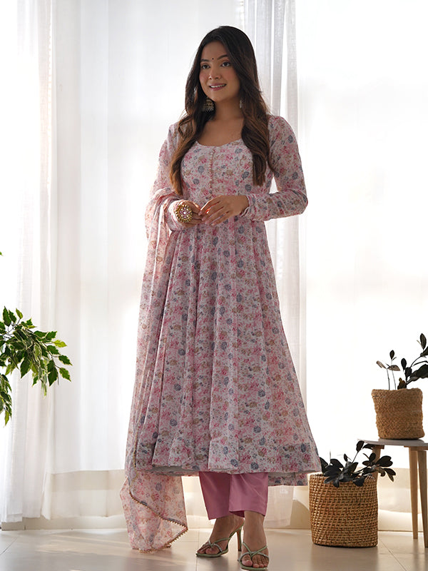 Pink Fulwari Organza Printed Anarkali Kurti With Pant & Dupatta Set