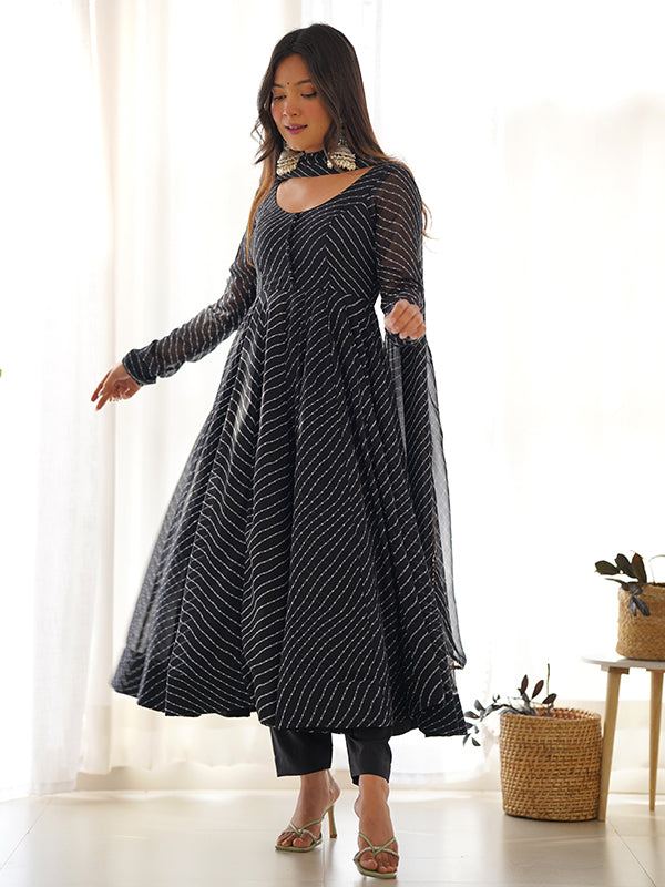 Black Lining Printed Anarkali Kurti With Pant & Dupatta Set