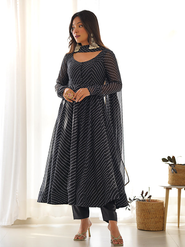 Black Lining Printed Anarkali Kurti With Pant & Dupatta Set