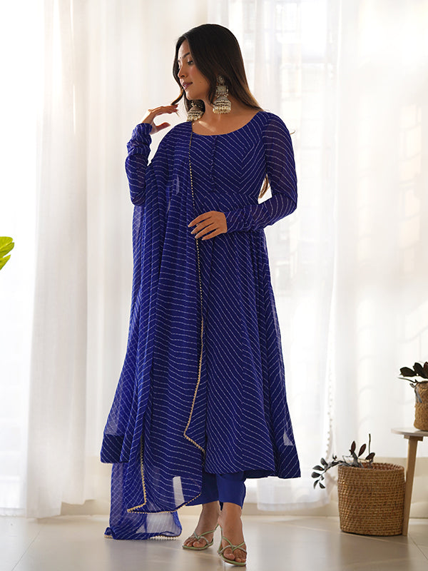 Blue Lining Printed Anarkali Kurti With Pant & Dupatta Set