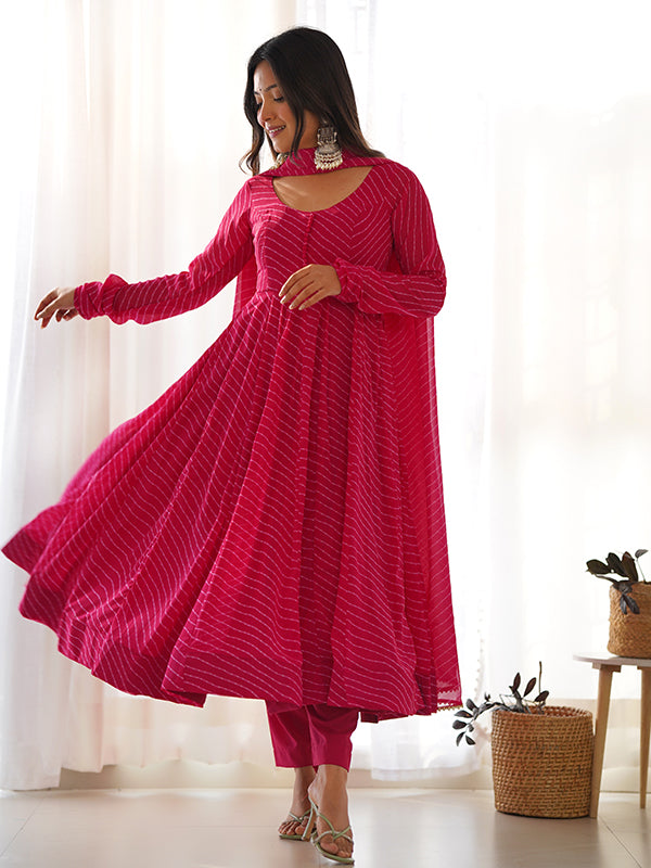 Pink Lining Printed Anarkali Kurti With Pant & Dupatta Set