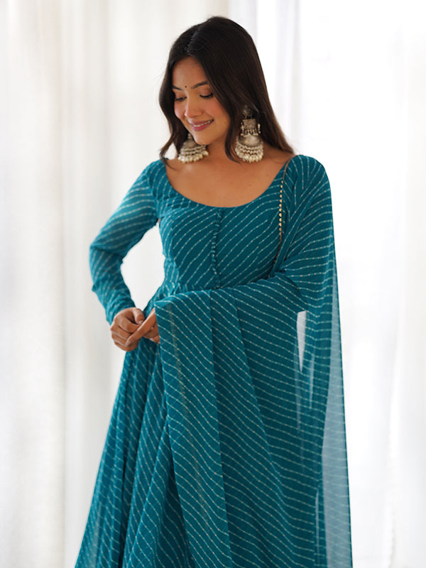Rama Lining Printed Anarkali Kurti With Pant & Dupatta Set