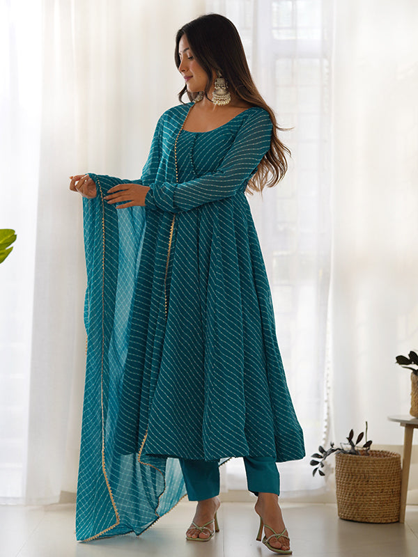 Rama Lining Printed Anarkali Kurti With Pant & Dupatta Set
