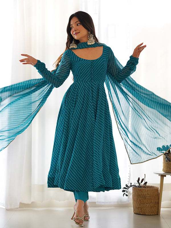Rama Lining Printed Anarkali Kurti With Pant & Dupatta Set