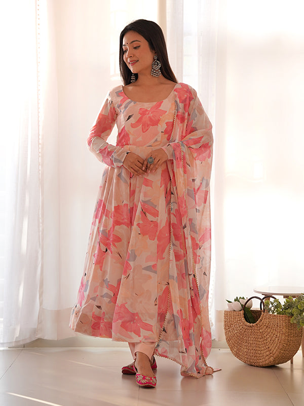 Light Pink Floral Printed Anarkali Kurti With Pant & Dupatta Set