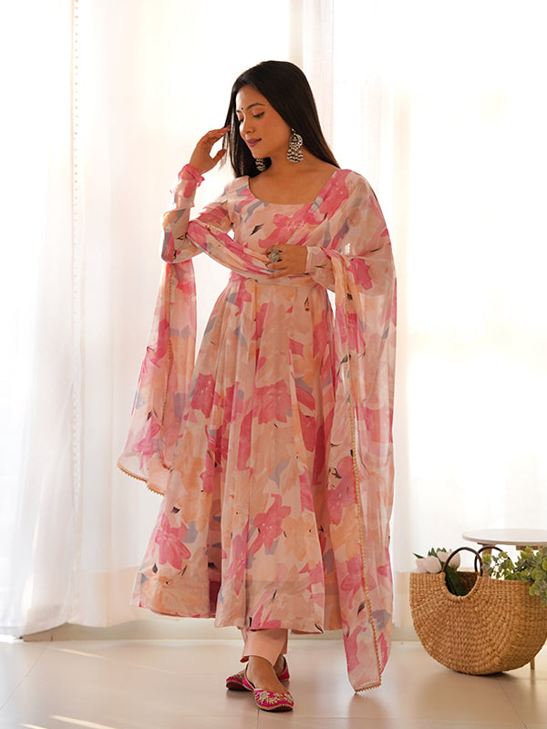 Light Pink Floral Printed Anarkali Kurti With Pant & Dupatta Set