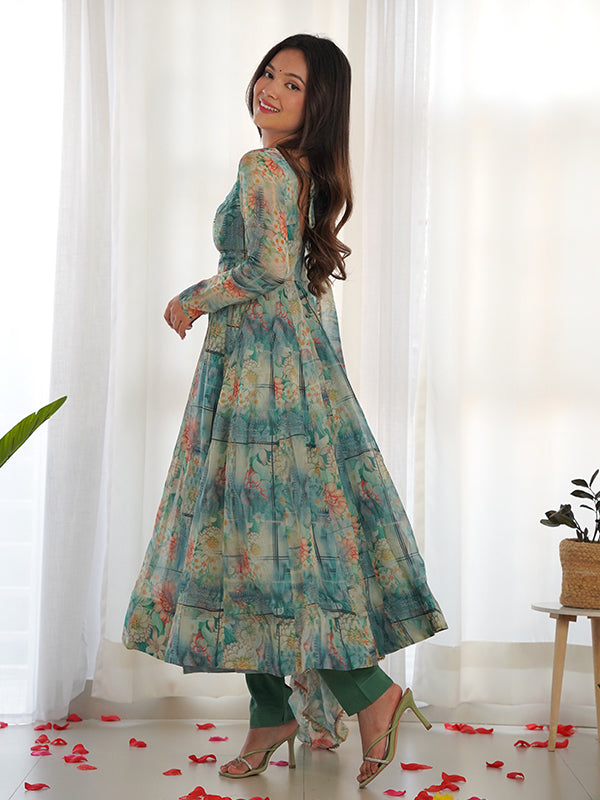 Pista Green Organza Printed Anarkali Kurti With Pant & Dupatta Set