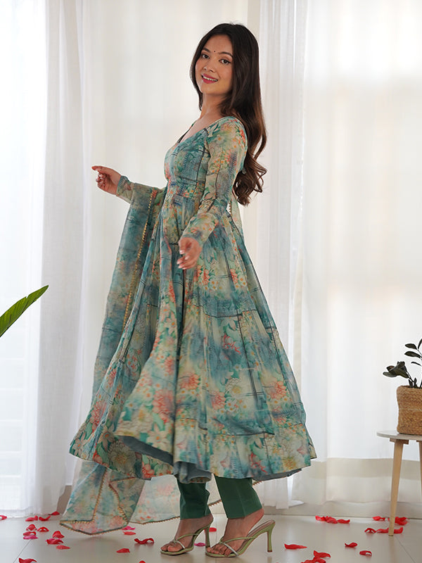 Pista Green Organza Printed Anarkali Kurti With Pant & Dupatta Set