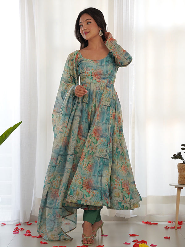 Pista Green Organza Printed Anarkali Kurti With Pant & Dupatta Set