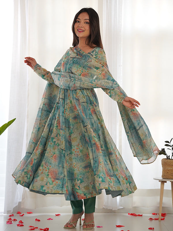 Pista Green Organza Printed Anarkali Kurti With Pant & Dupatta Set