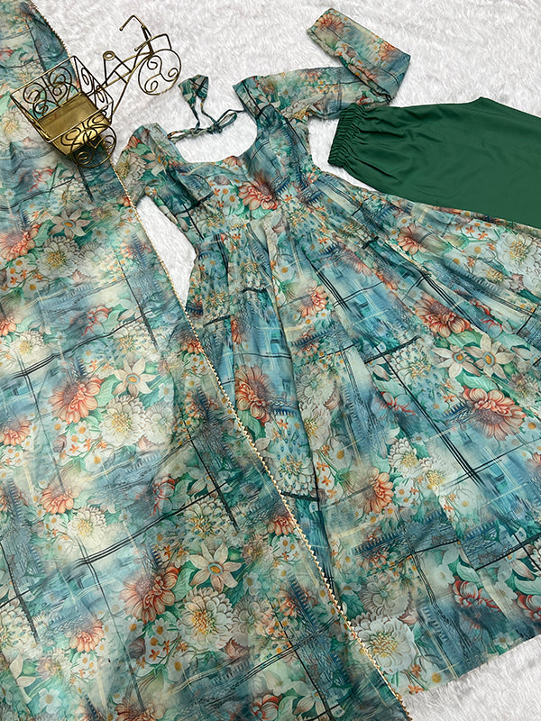 Pista Green Organza Printed Anarkali Kurti With Pant & Dupatta Set