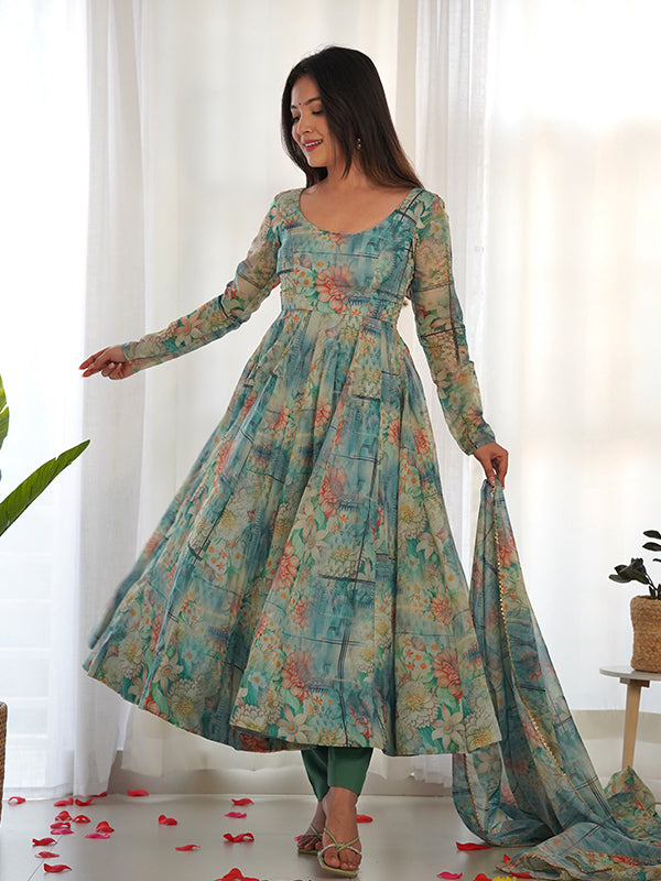 Pista Green Organza Printed Anarkali Kurti With Pant & Dupatta Set