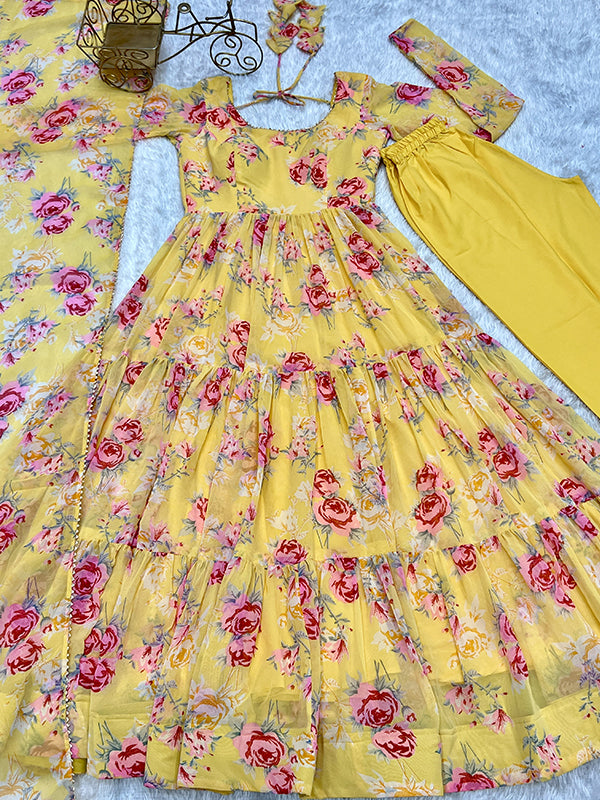 Yellow Layered Flower Printed Anarkali Gown With Pant & Dupatta Set