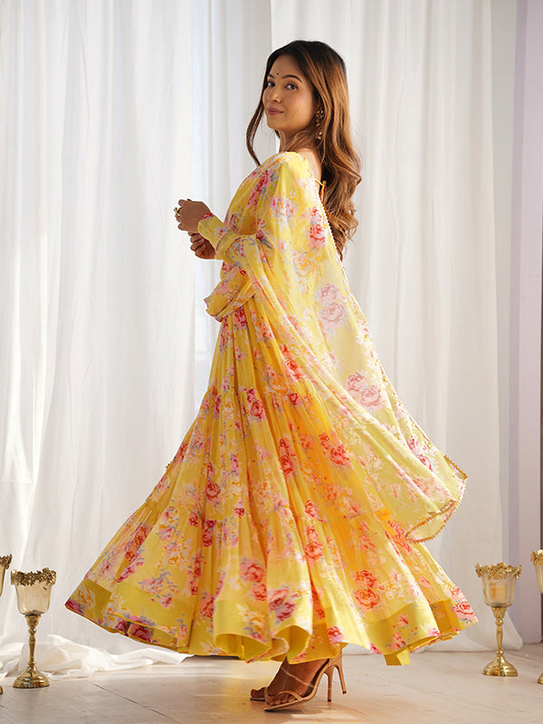 Yellow Layered Flower Printed Anarkali Gown With Pant & Dupatta Set