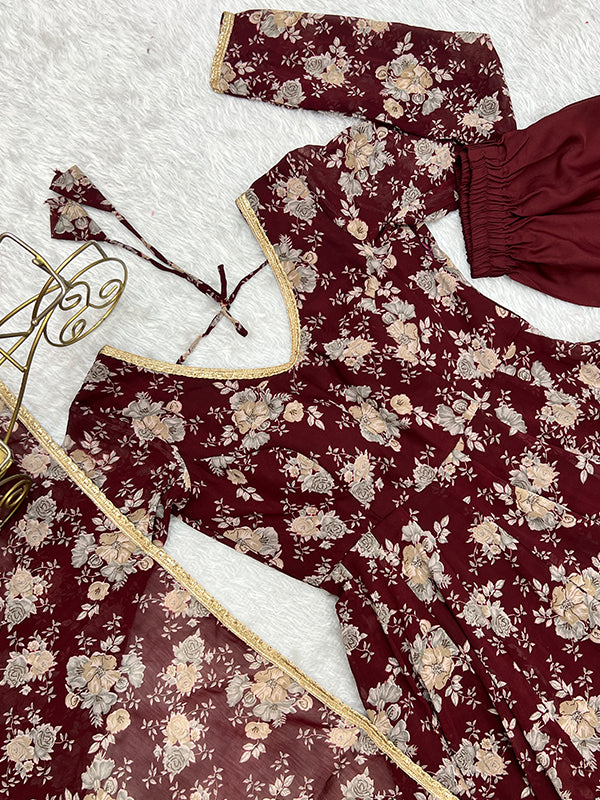 Maroon Printed Anarkali Gown With Pant & Dupatta Set