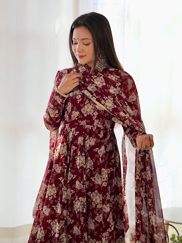 Maroon Printed Anarkali Gown With Pant & Dupatta Set