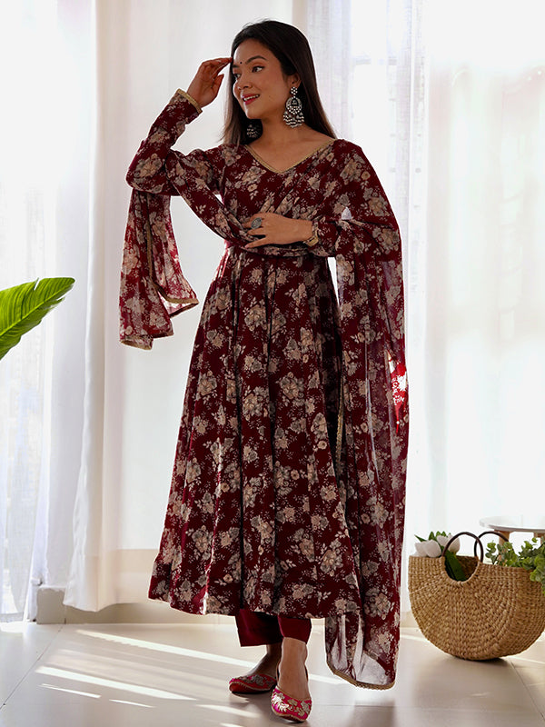 Maroon Printed Anarkali Gown With Pant & Dupatta Set