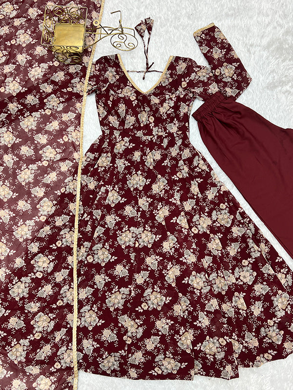 Maroon Printed Anarkali Gown With Pant & Dupatta Set