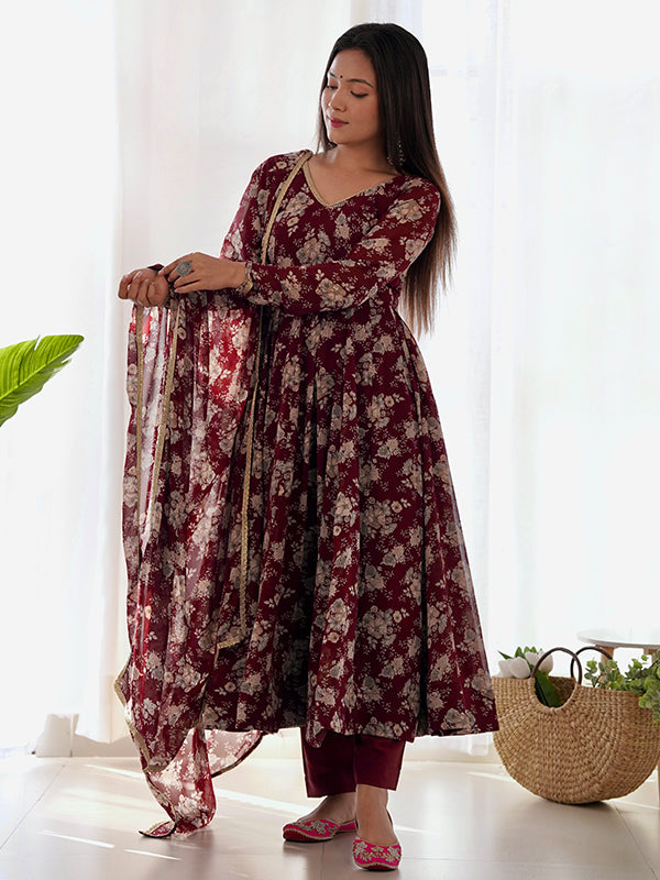 Maroon Printed Anarkali Gown With Pant & Dupatta Set