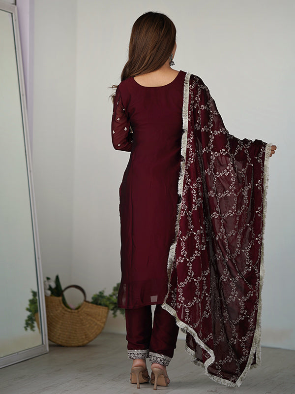 Maroon Silk Embroidered Straight Kurti With Pant & Dupatta Set