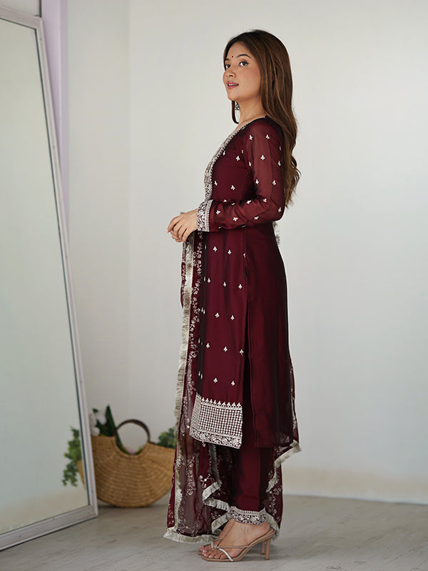 Maroon Silk Embroidered Straight Kurti With Pant & Dupatta Set