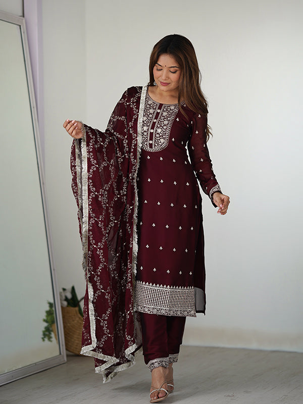 Maroon Silk Embroidered Straight Kurti With Pant & Dupatta Set