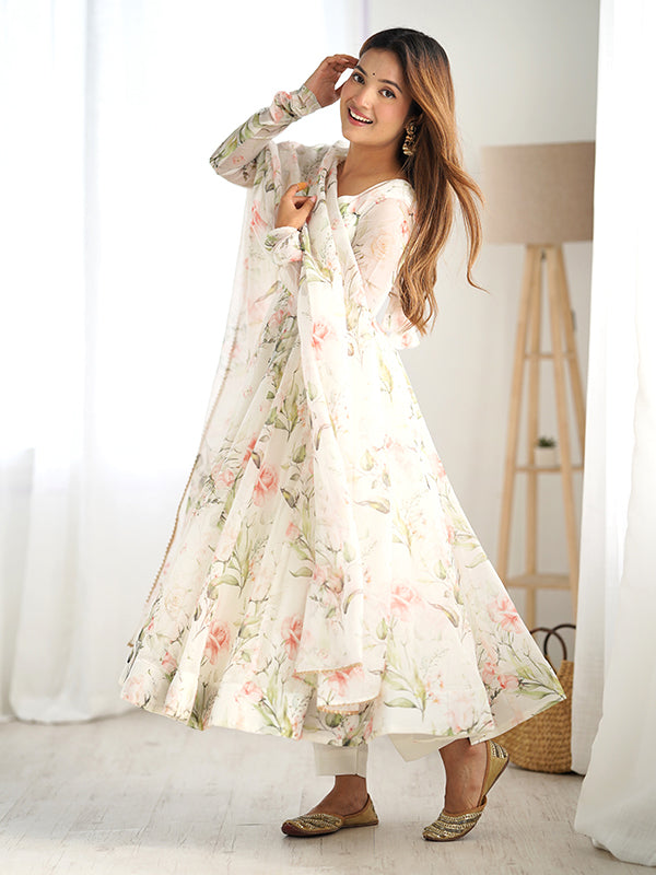 White Flower Printed Anarkali Gown With Pant & Dupatta Set