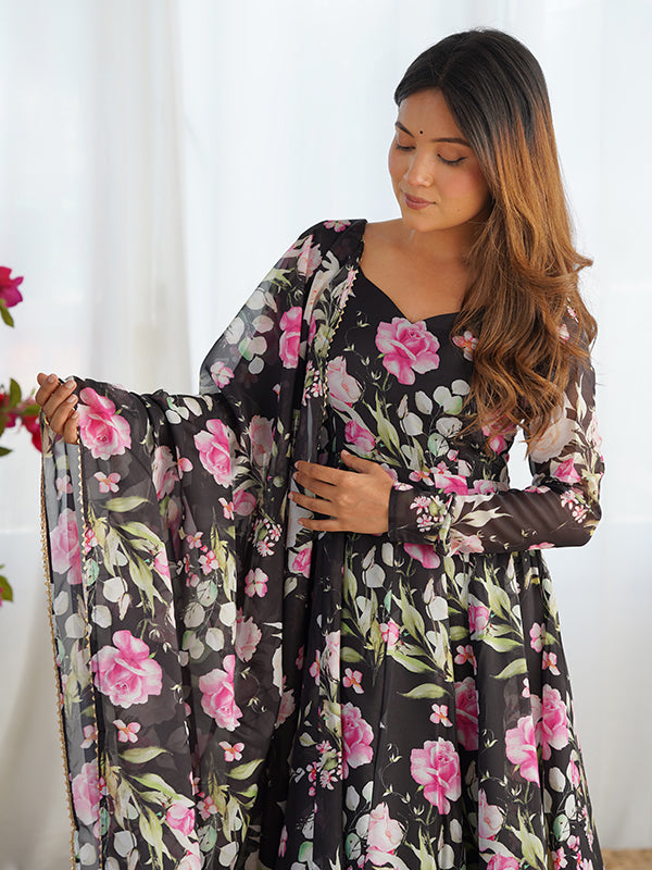 Black Flower Printed Anarkali Gown With Pant & Dupatta Set