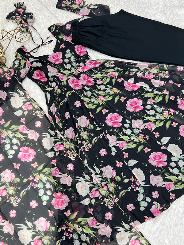 Black Flower Printed Anarkali Gown With Pant & Dupatta Set