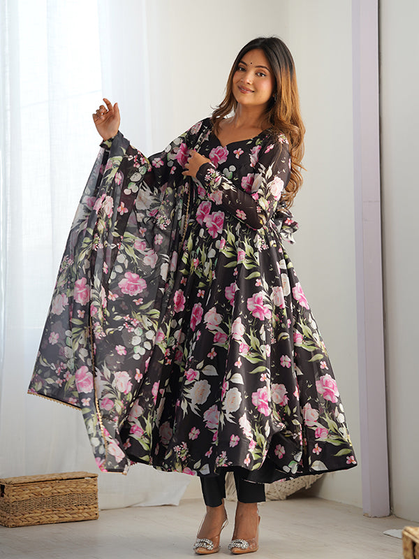 Black Flower Printed Anarkali Gown With Pant & Dupatta Set