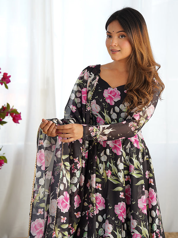 Black Flower Printed Anarkali Gown With Pant & Dupatta Set