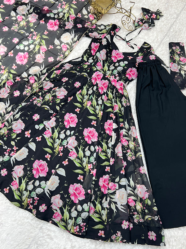Black Flower Printed Anarkali Gown With Pant & Dupatta Set
