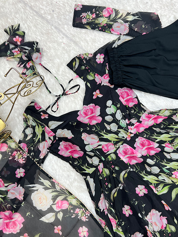 Black Flower Printed Anarkali Gown With Pant & Dupatta Set