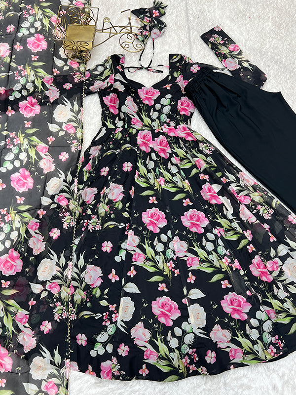 Black Flower Printed Anarkali Gown With Pant & Dupatta Set
