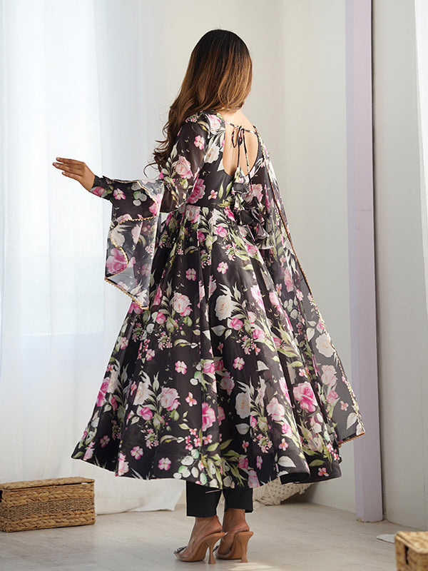 Black Flower Printed Anarkali Gown With Pant & Dupatta Set