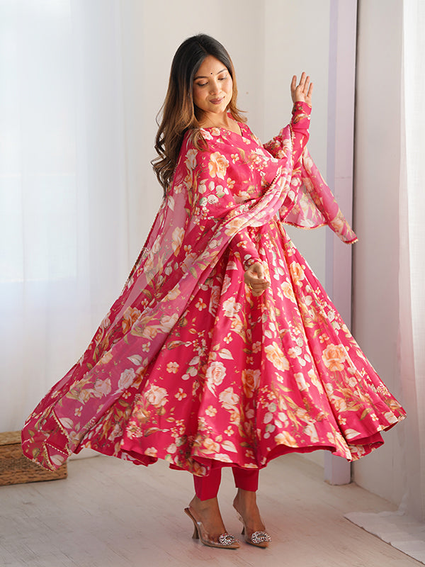 Pink Flower Printed Anarkali Gown With Pant & Dupatta Set