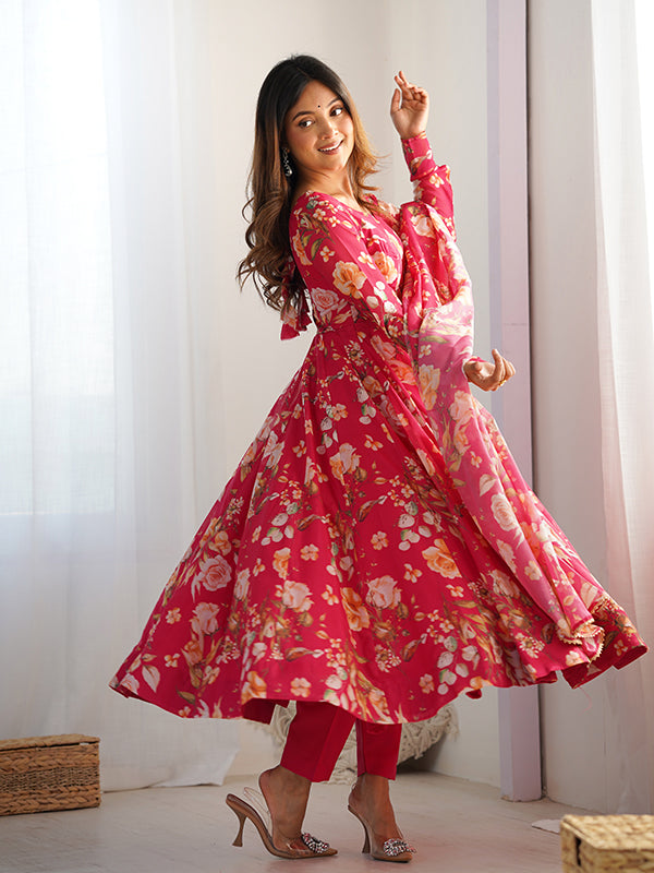 Pink Flower Printed Anarkali Gown With Pant & Dupatta Set