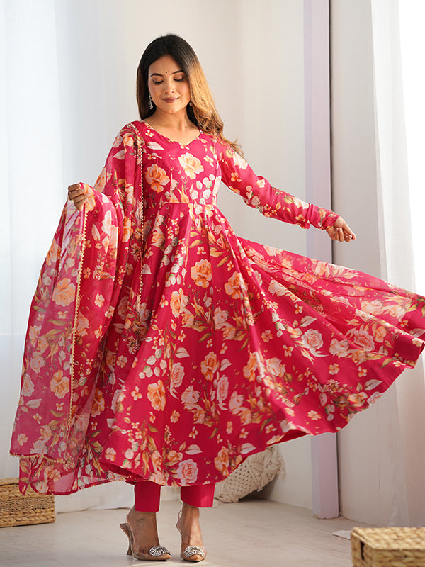 Pink Flower Printed Anarkali Gown With Pant & Dupatta Set