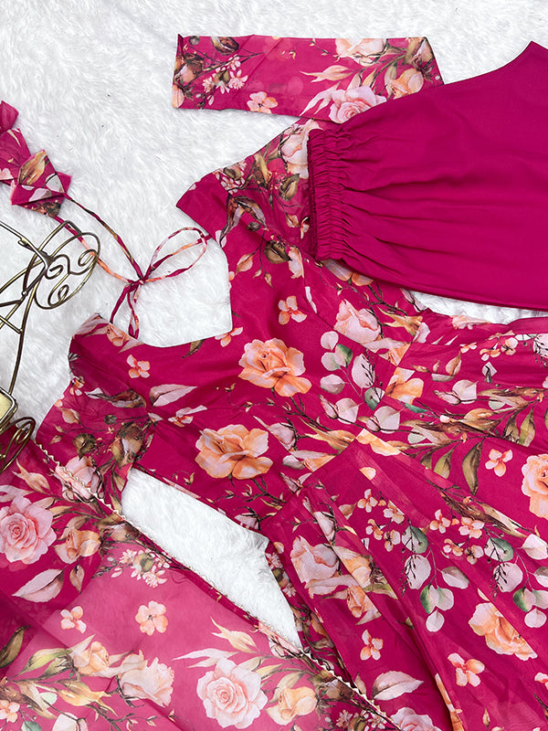 Pink Flower Printed Anarkali Gown With Pant & Dupatta Set