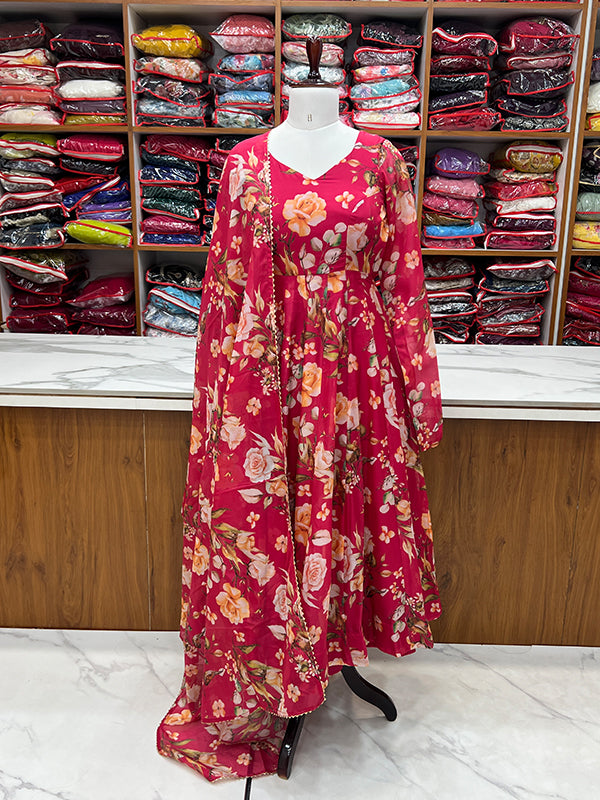 Pink Flower Printed Anarkali Gown With Pant & Dupatta Set