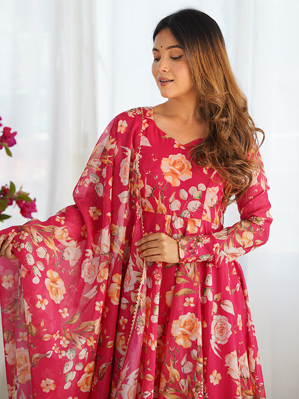 Pink Flower Printed Anarkali Gown With Pant & Dupatta Set