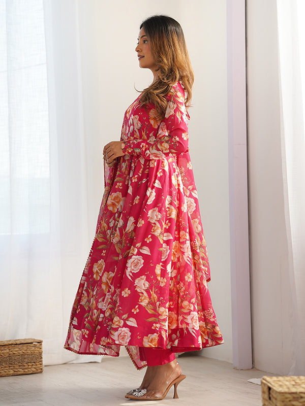 Pink Flower Printed Anarkali Gown With Pant & Dupatta Set